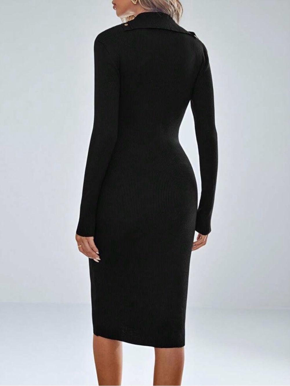 Black Ribbed Button-Front Bodycon Dress - Picture 3 of 5